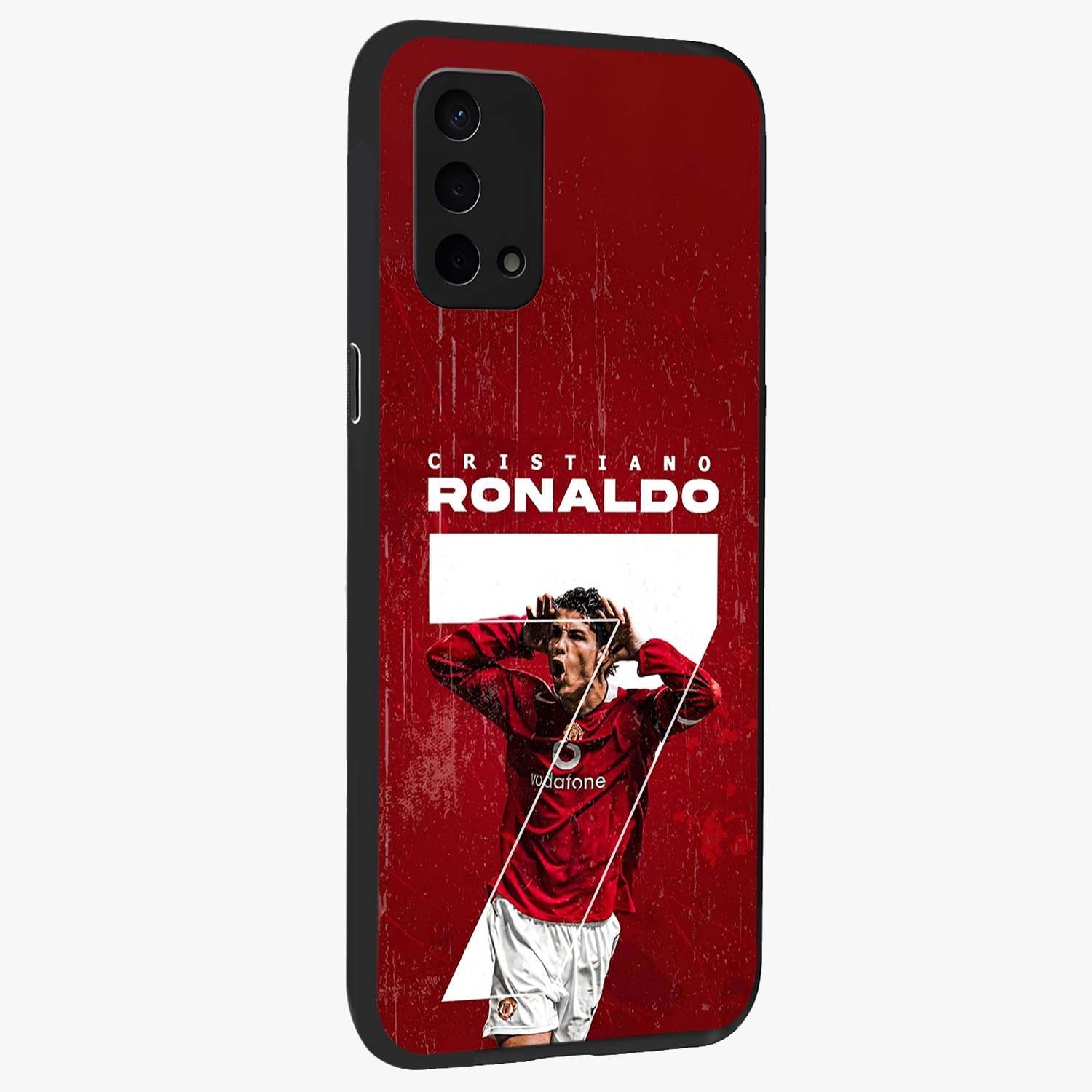 Goal Celebration Legacy Glass Case upright view showcasing dynamic football inspired artwork with victory celebration aesthetic.