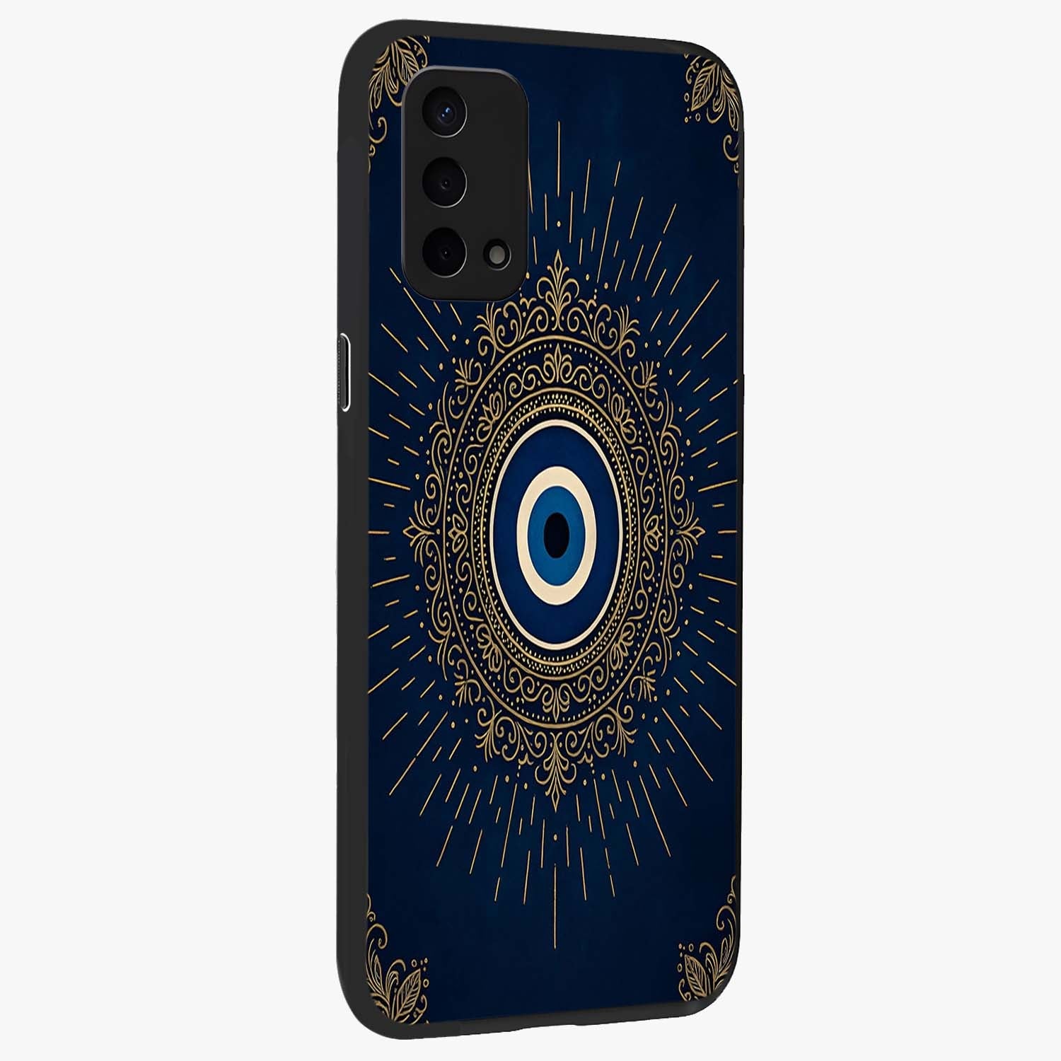 Golden Celestial Charm Glass Case upright view showcasing radiant celestial artwork with elegant golden theme.