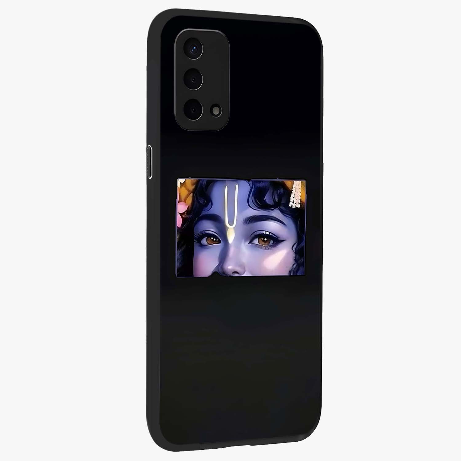 Krishna Divine Embrace Glass Case upright view showcasing sacred Krishna artwork with peaceful devotional theme.