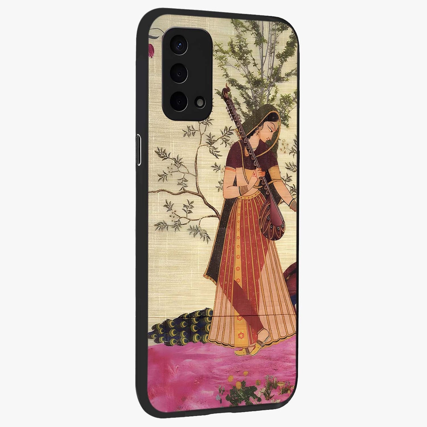 Lady With Veena Art Glass Case upright view showcasing classical veena artwork with traditional artistic theme.