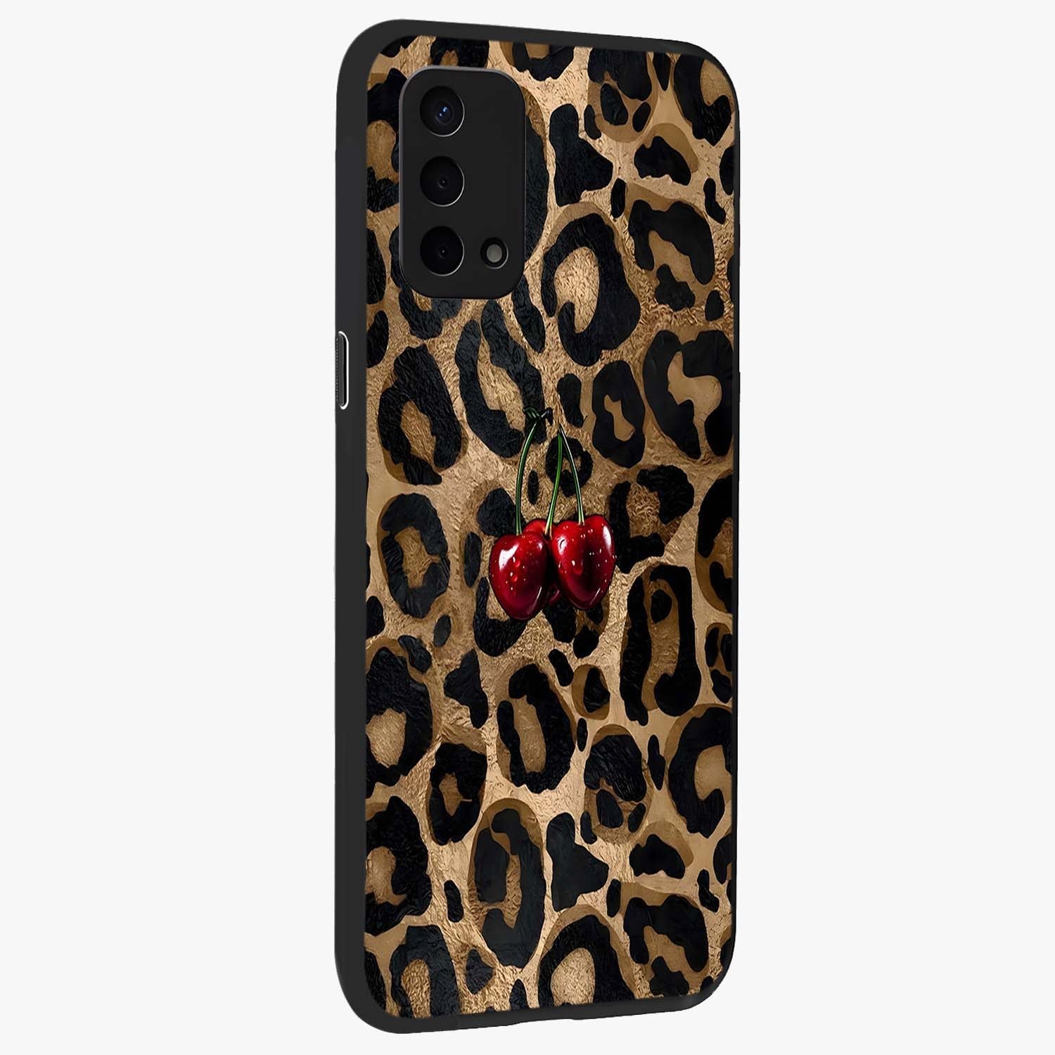 Leopard Wild Cherry Glass Case upright view showcasing stylish leopard pattern artwork with trendy fashion theme.