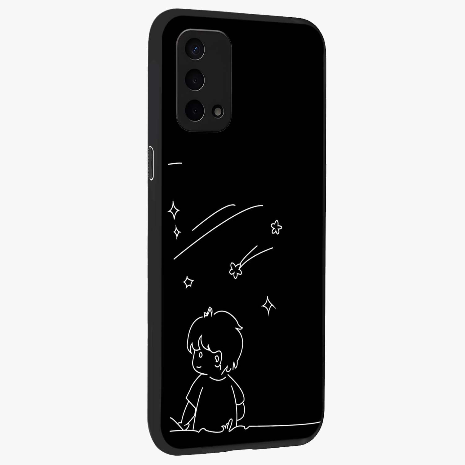 Line Art Boy With Shooting Stars Glass Case upright view showcasing artistic shooting star illustration with minimal style.