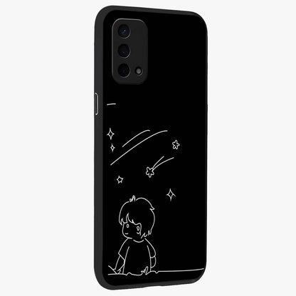 Line Art Boy With Shooting Stars Glass Case upright view showcasing artistic shooting star illustration with minimal style.