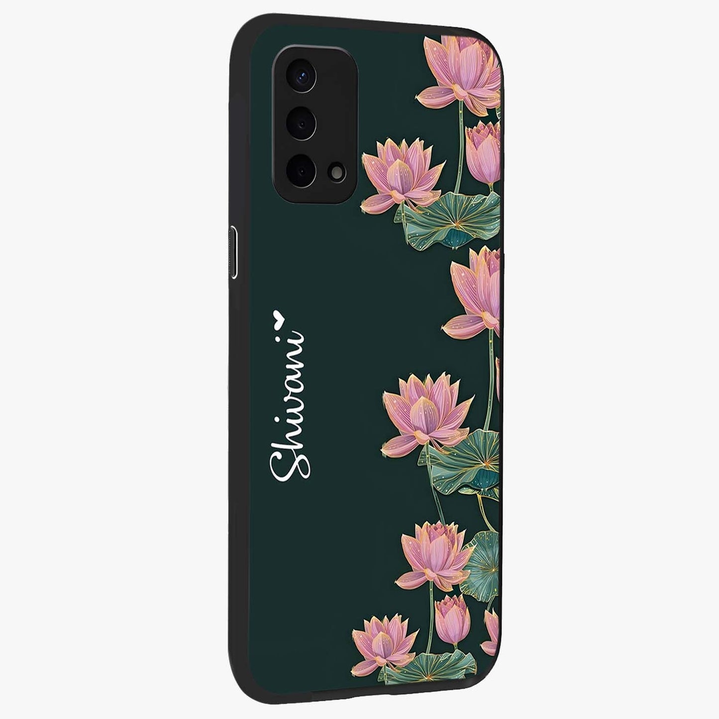 Lotus Bloom Serenity Custom Name Glass Case upright view showcasing serene lotus bloom artwork with personalized floral aesthetic.