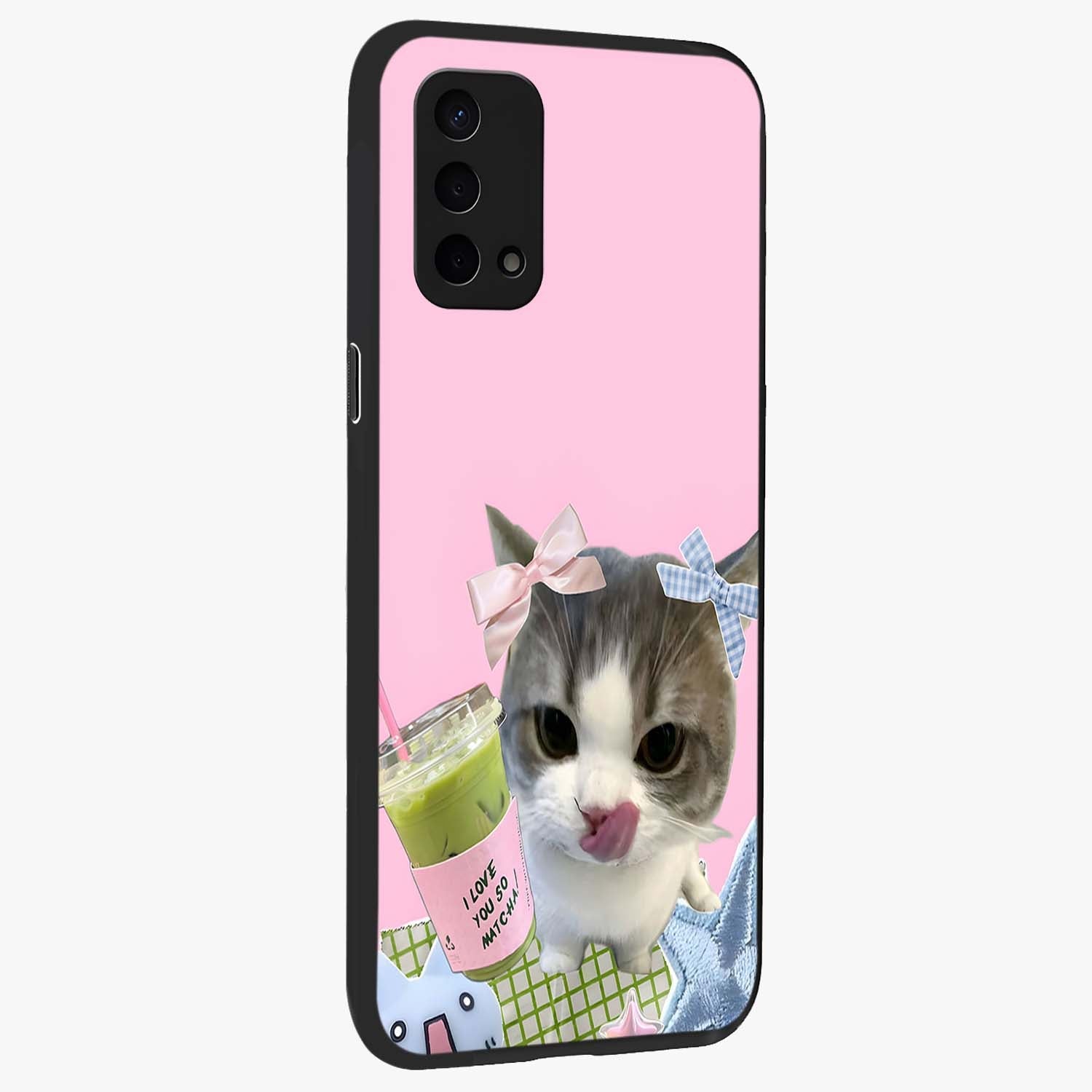 Love Matcha Cat Glass Case upright view showcasing adorable cat artwork with charming matcha themed design.