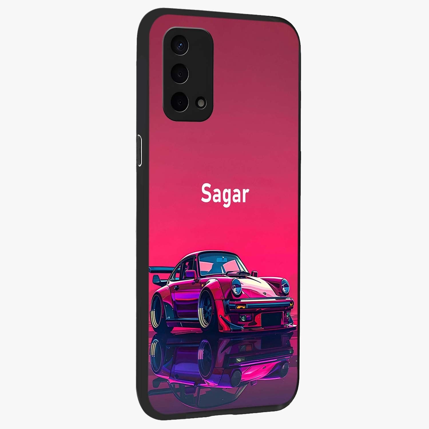 Neon Pink Porsche Glass Case upright view showcasing vibrant sports car artwork with bold automotive theme.