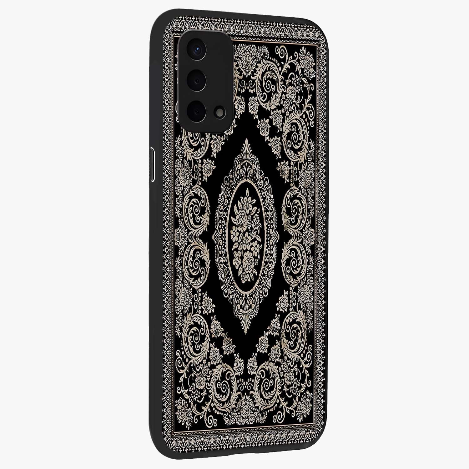 Noir Bloom Elegance Glass Case upright view showcasing graceful floral artwork with luxurious dark theme.