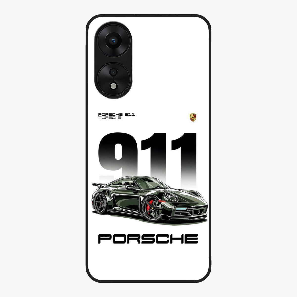 911 Turbo Dominance Glass Case showing clean flat back view with bold 911 sports car artwork and glossy glass finish.
