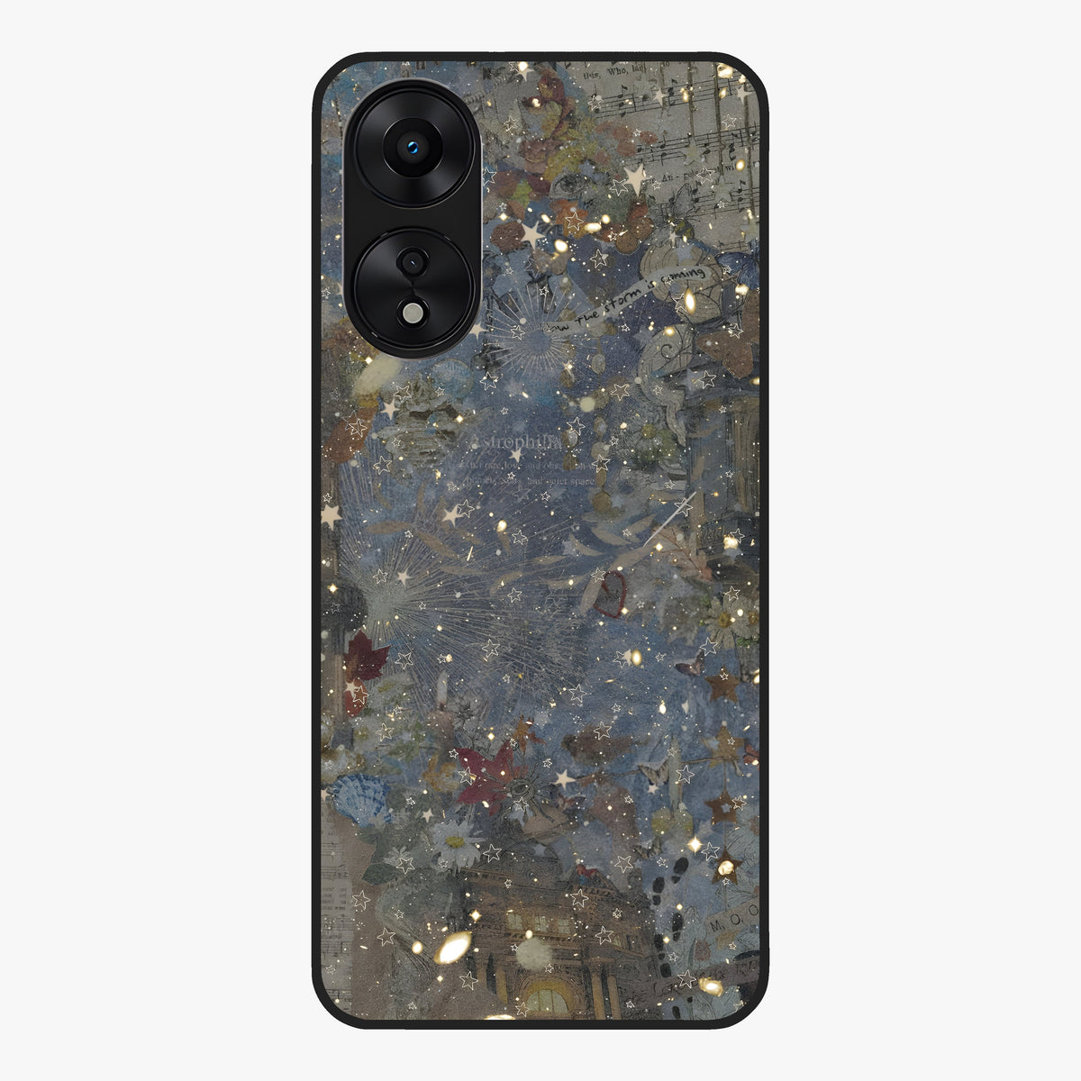 Aesthetic Astrolophia Glass Case showing flat back view with dreamy aesthetic design and glossy glass finish.