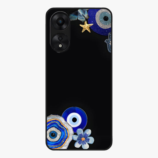 Aesthetic Blue Evil Eye Glass Case showing flat back view with protective evil eye artwork and glossy glass finish.