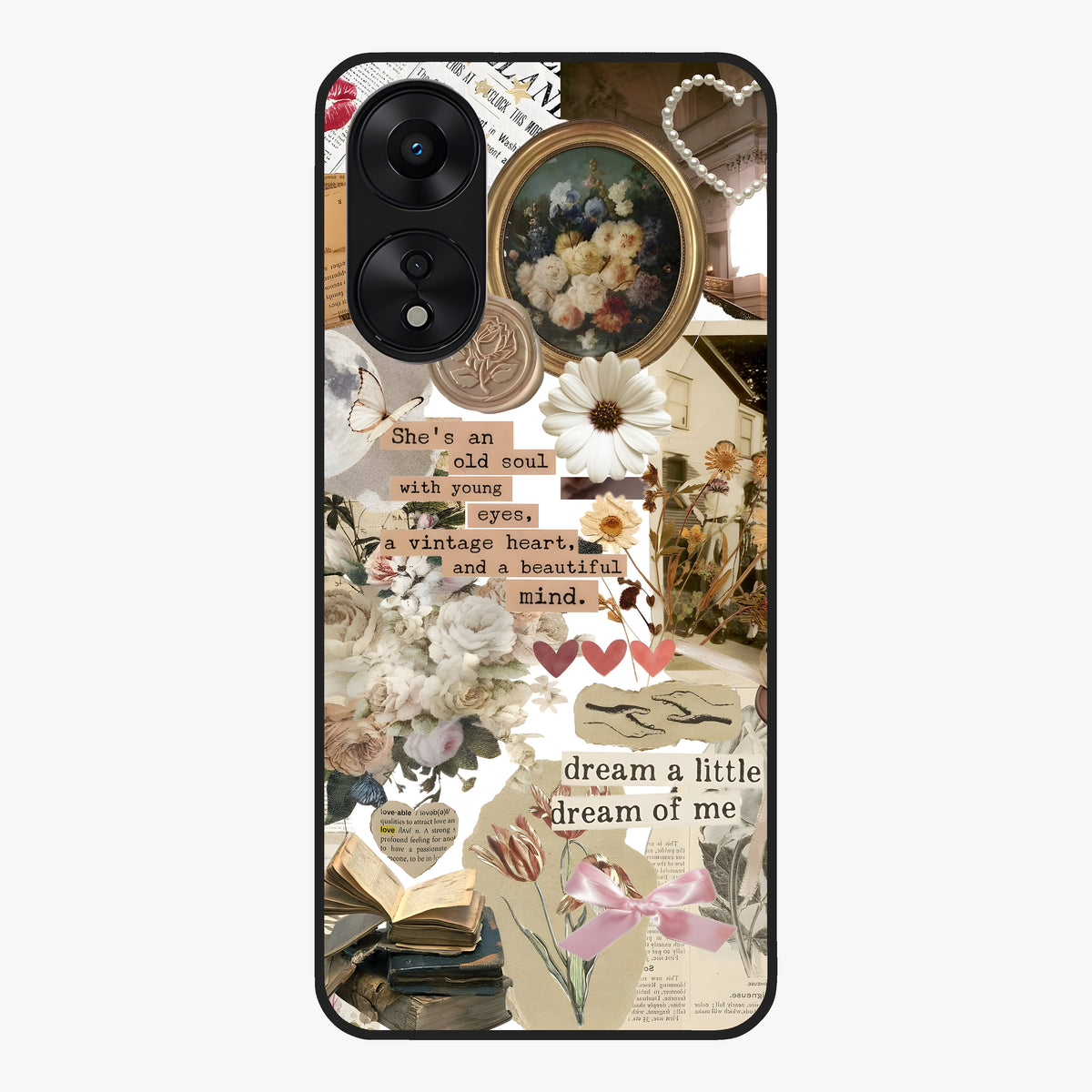 Aesthetic Brown Vintage Collage Glass Case showing flat back view with retro collage artwork and glossy glass finish.