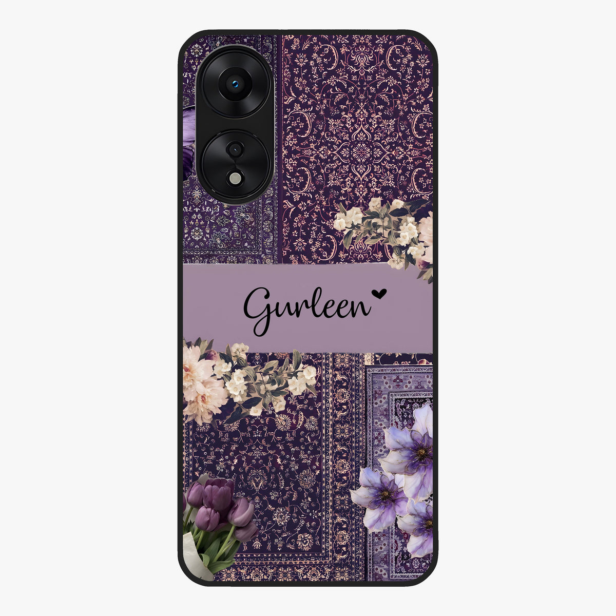 Antique Floral Whisper Custom Name Glass Case showing flat back view with vintage floral artwork and personalized name design.