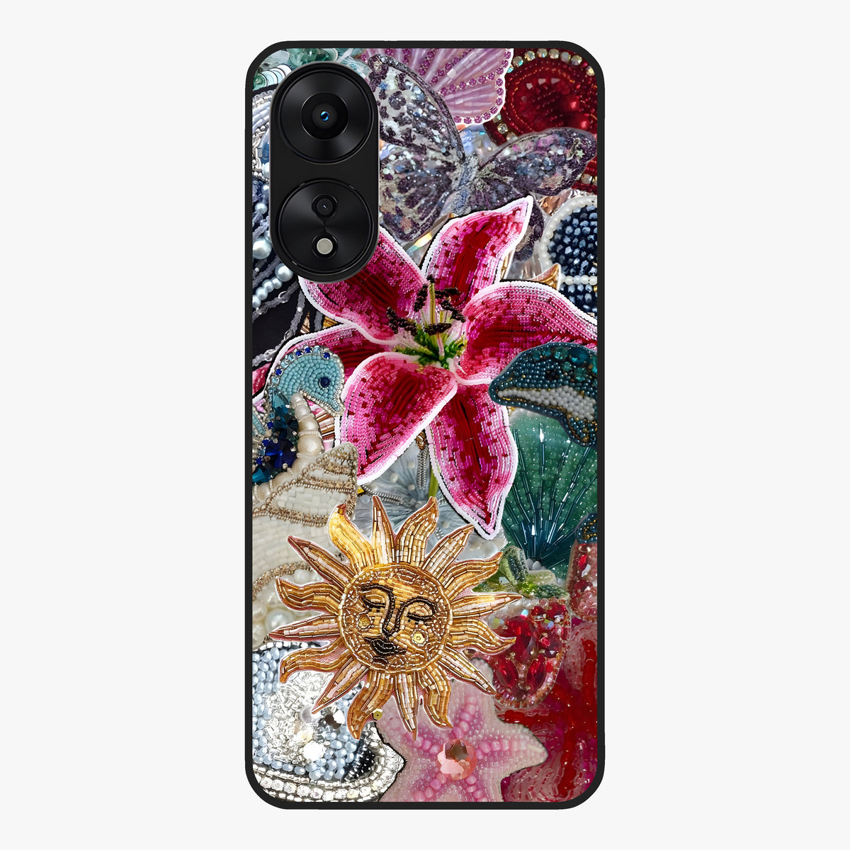 Beaded Garden Fantasy Glass Case showing flat back view with dreamy garden bead artwork and glossy glass finish.