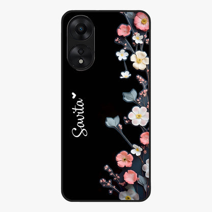 Black Elegance Floral Custom Name Glass Case showing flat back view with elegant floral artwork and personalized name design.