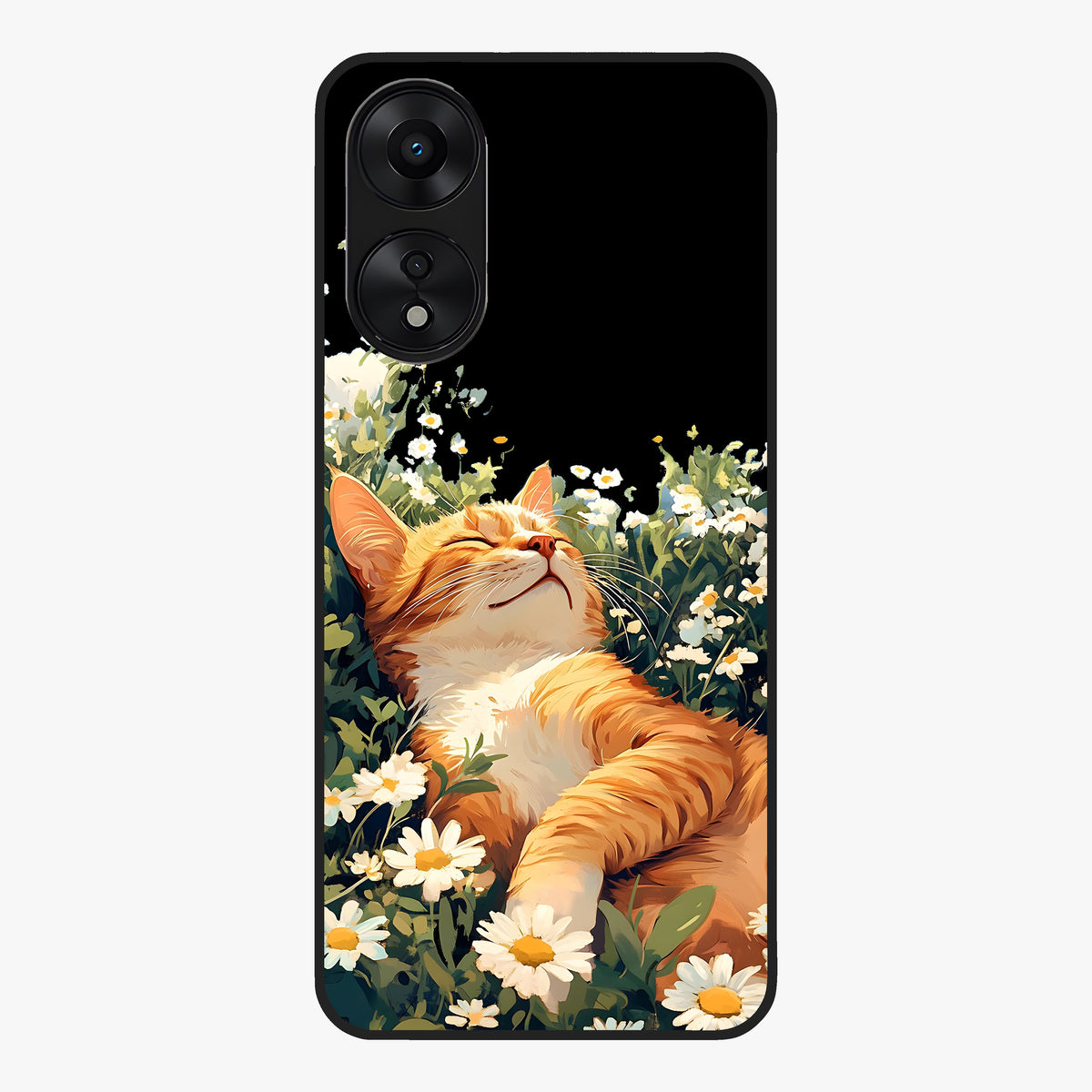 Blissful Bloom Cat Glass Case showing flat back view with cute cat and floral bloom artwork and glossy glass finish.