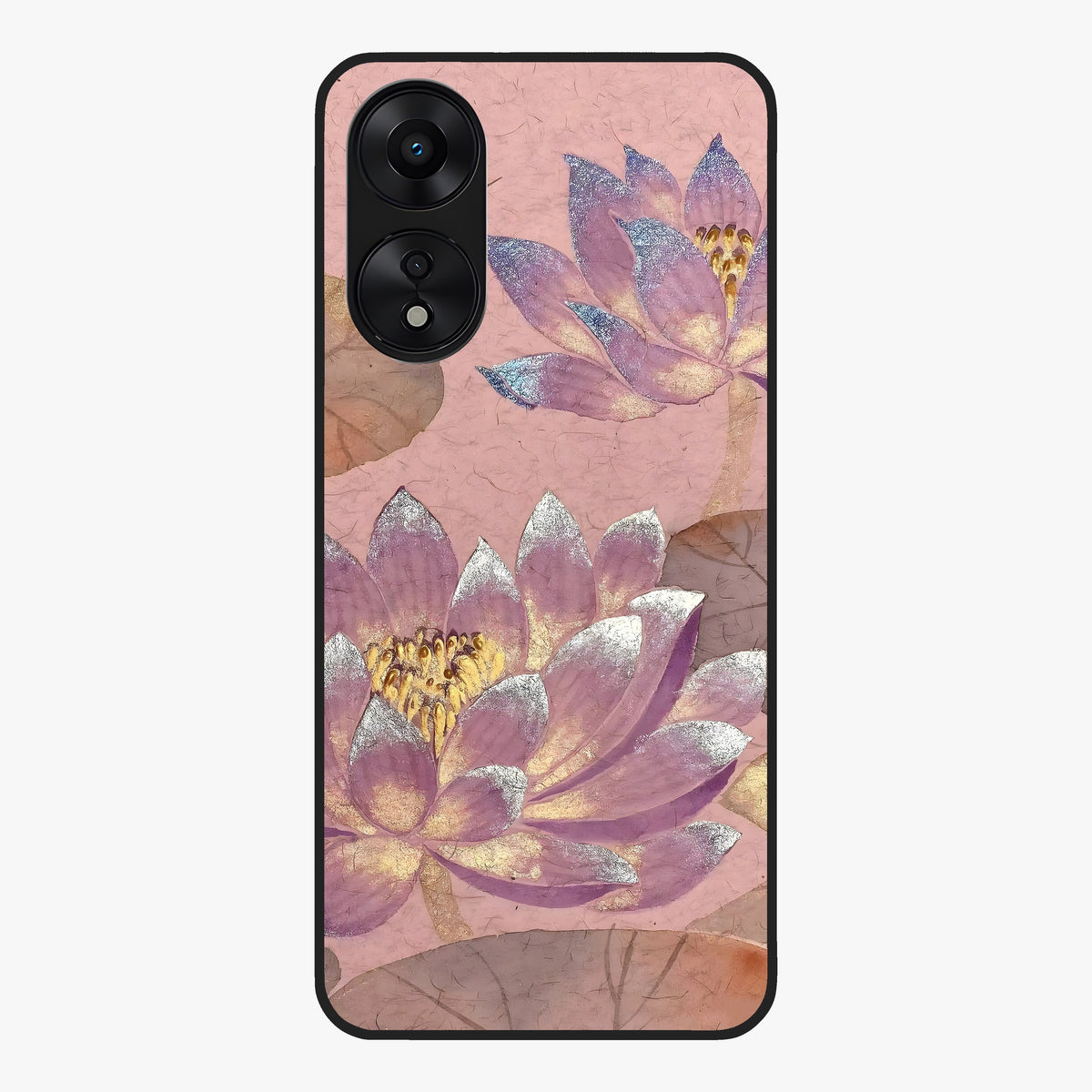 Blossom Mist Lotus Glass Case showing flat back view with serene lotus blossom artwork and glossy glass finish.