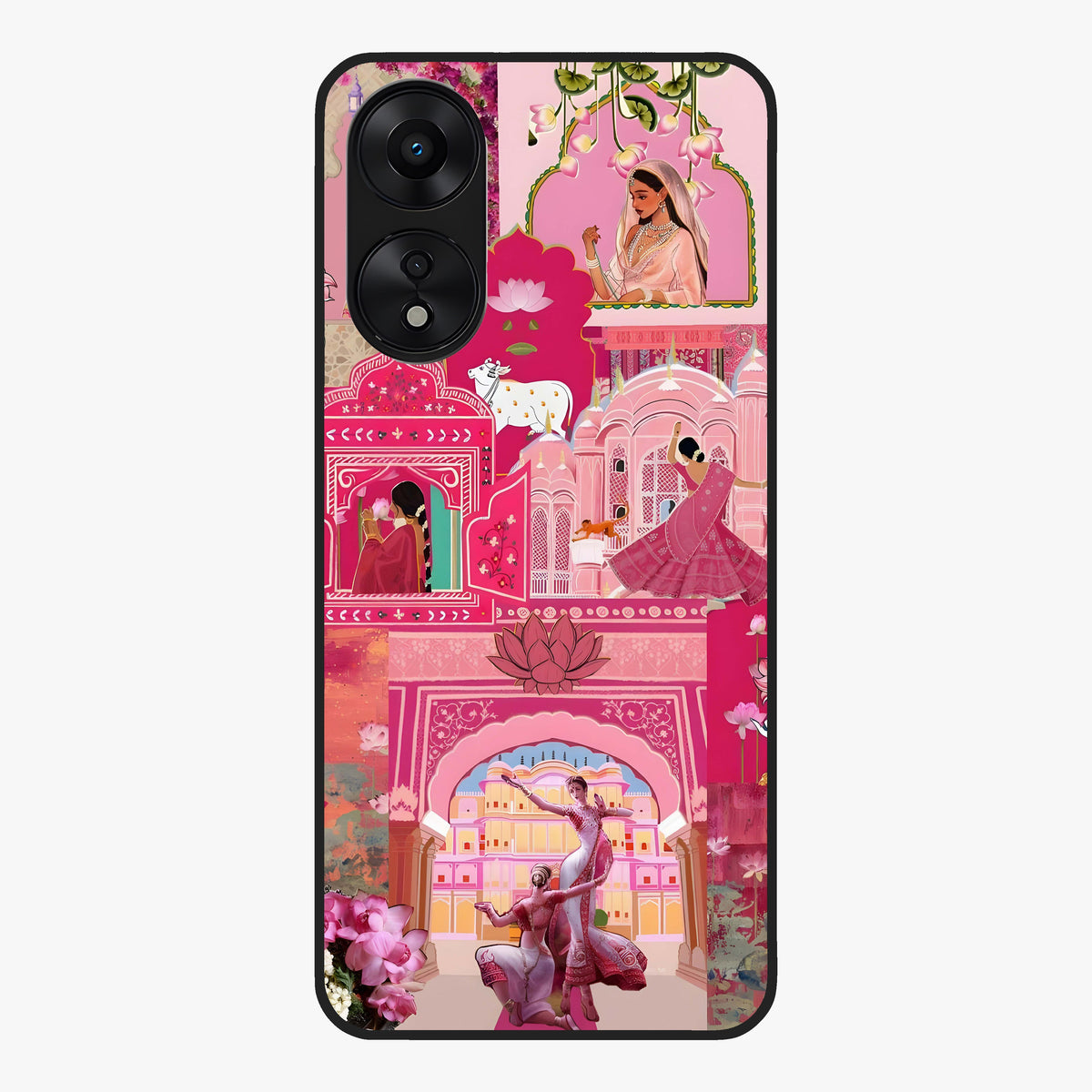 Blossoms of Rajasthan Glass Case showing flat back view with traditional floral artwork inspired by Rajasthan and glossy glass finish.