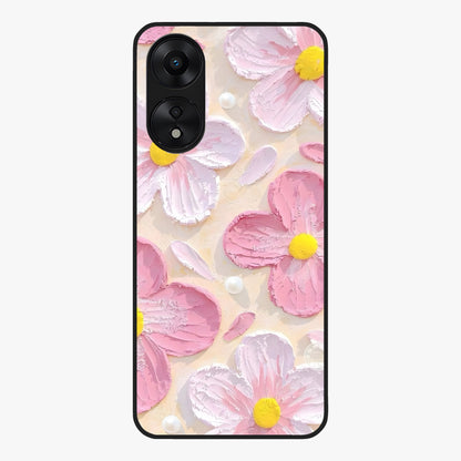 Blush Bloom Texture Glass Case showing flat back view with soft blush floral texture artwork and glossy glass finish.