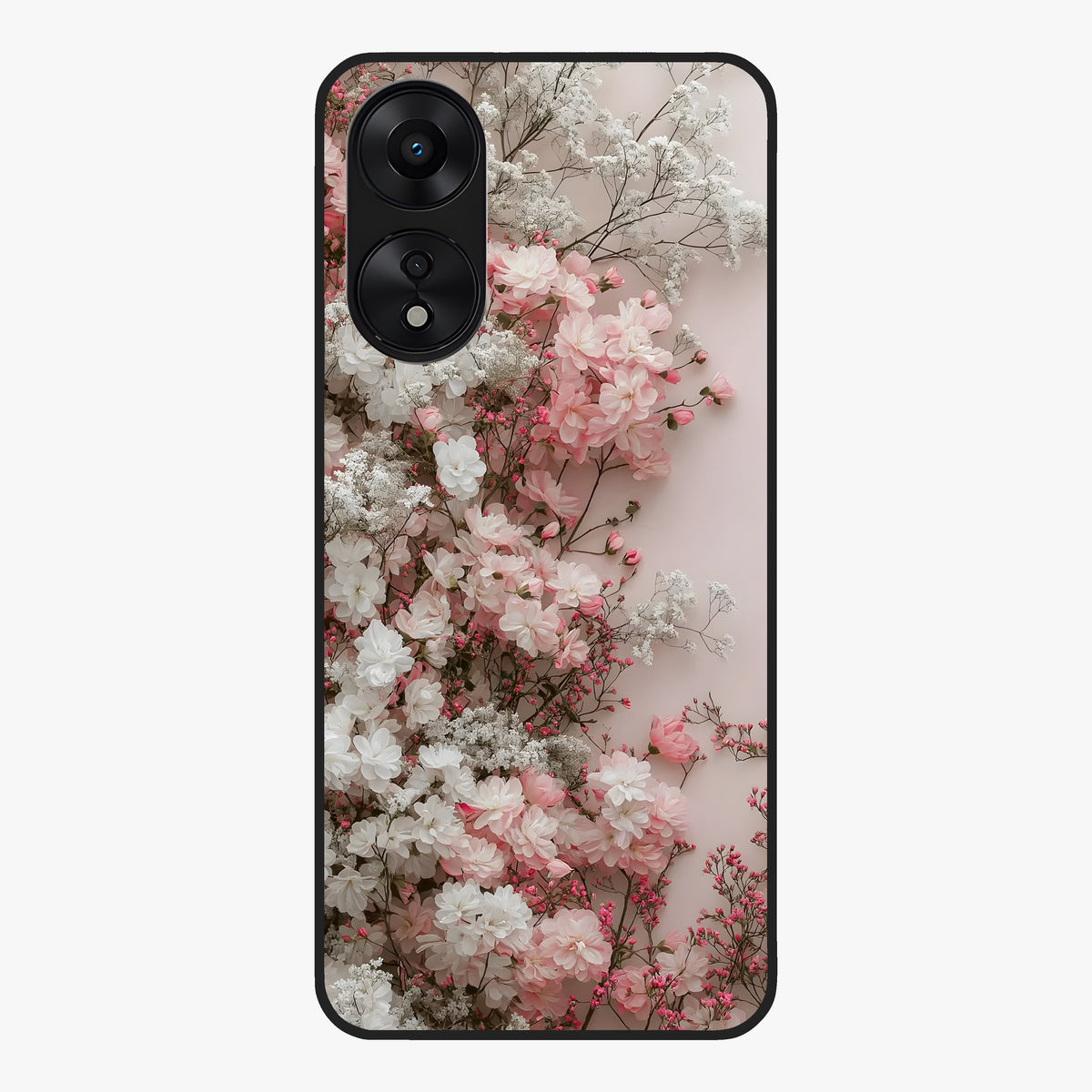 Blush Blossom Cloud Glass Case showing flat back view with dreamy blush cloud blossom artwork and glossy glass finish.