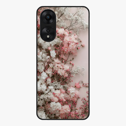 Blush Blossom Cloud Glass Case showing flat back view with dreamy blush cloud blossom artwork and glossy glass finish.