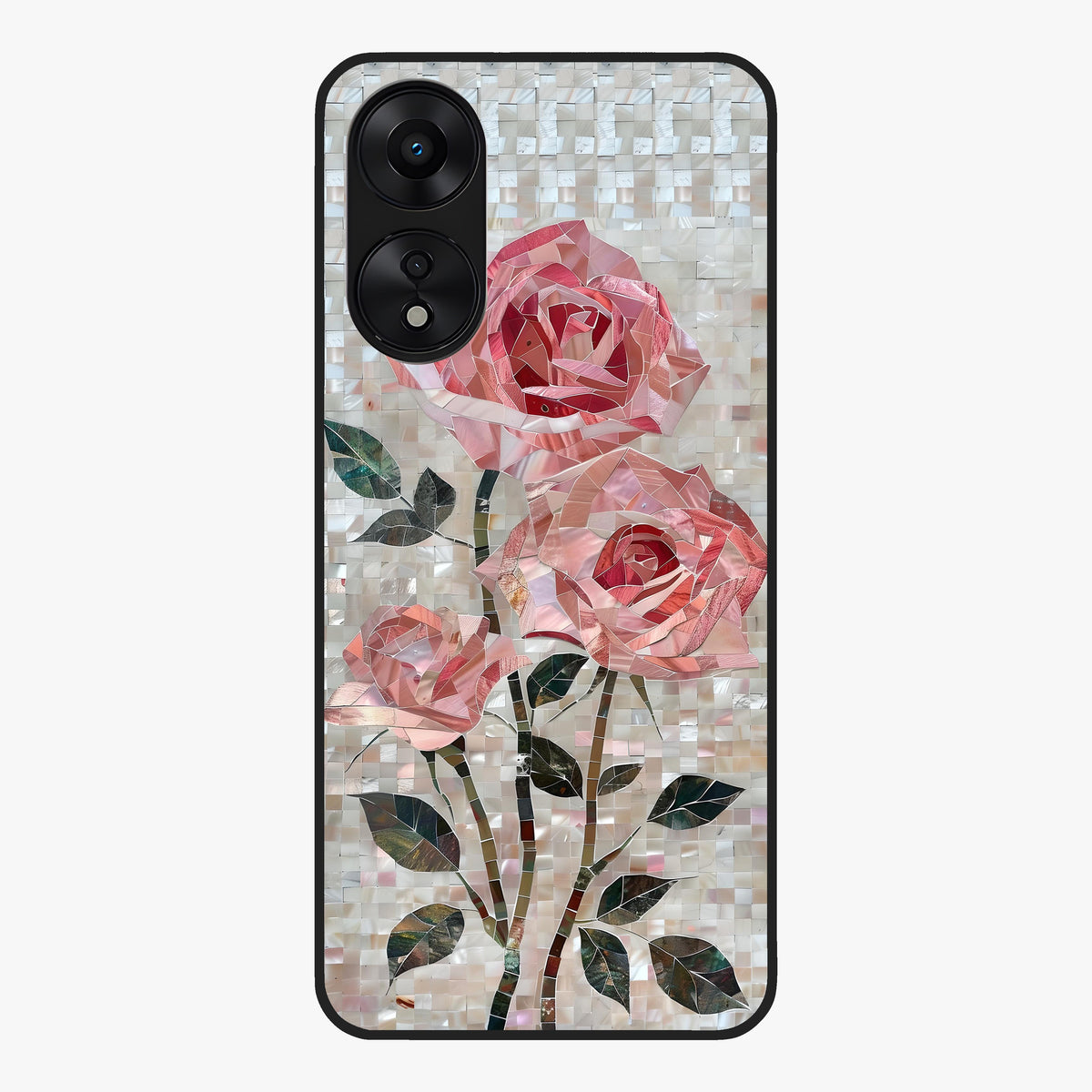 Blush Mosaic Bloom Glass Case showing flat back view with mosaic floral bloom artwork and glossy glass finish.