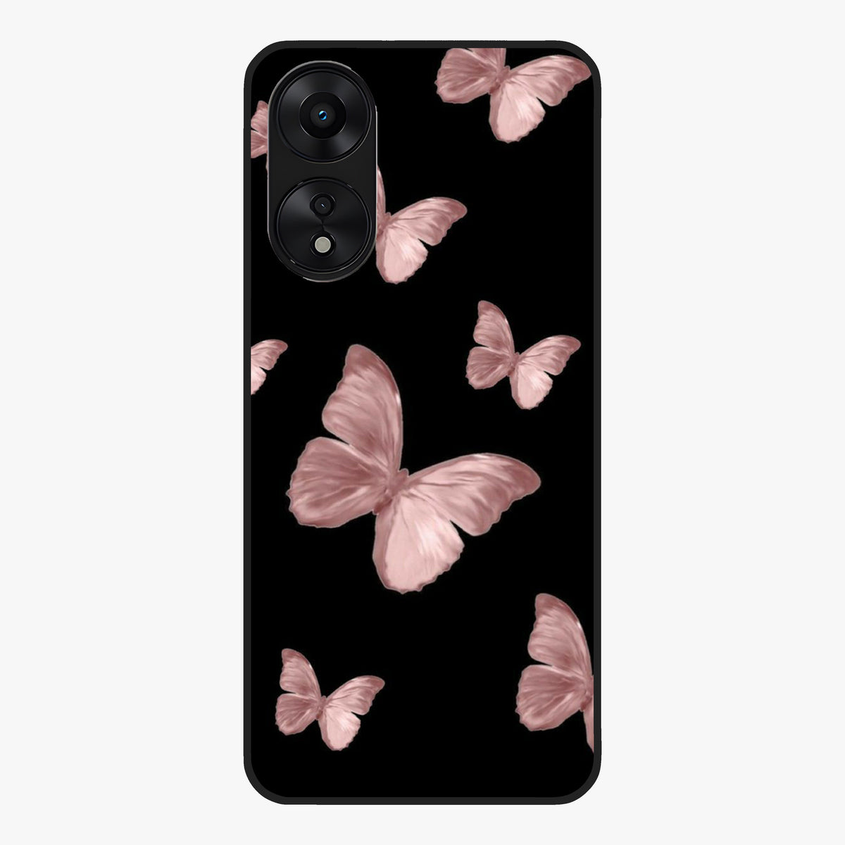 Butterfly Pattern Glass Case showing flat back view with elegant butterfly pattern artwork and glossy glass finish.