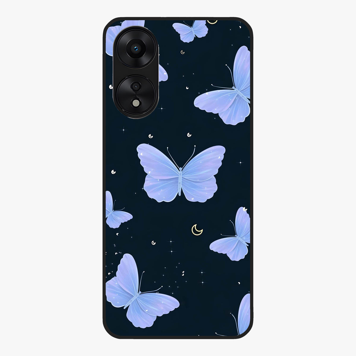 Butterfly With Stars Pattern Glass Case showing flat back view with butterfly and star pattern artwork and glossy glass finish.