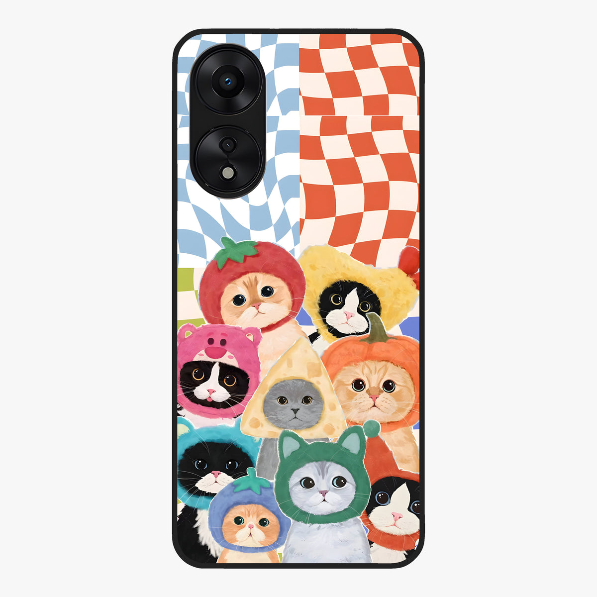 Cats in Fruits Glass Case showing flat back view with playful cat illustrations inside fruit artwork and glossy glass finish.