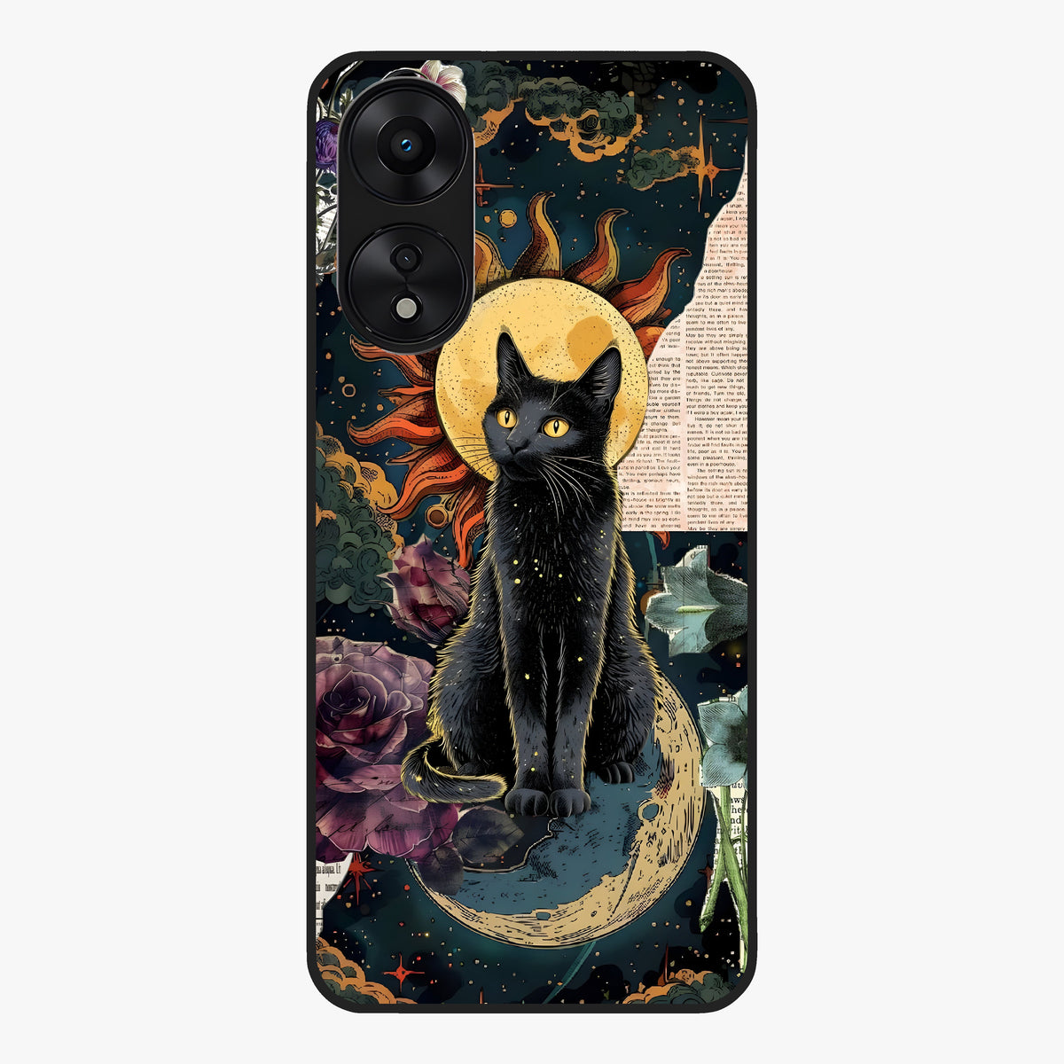 Celestial Black Cat Glass Case showing flat back view with mystical black cat artwork and glossy glass finish.