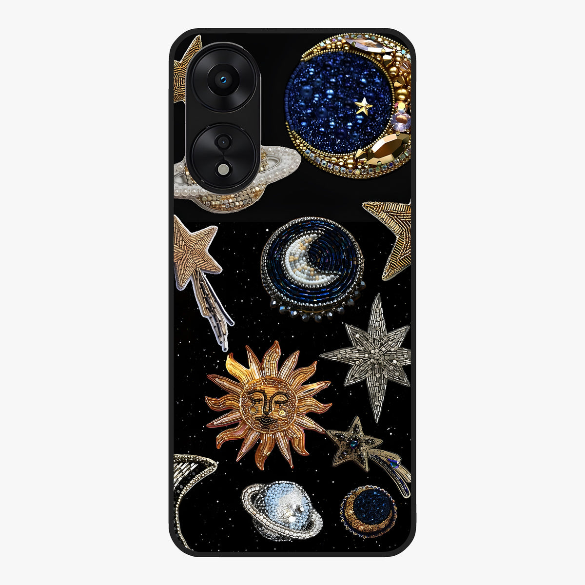 Celestial Gem Constellations Glass Case showing flat back view with sparkling constellation artwork and glossy glass finish.
