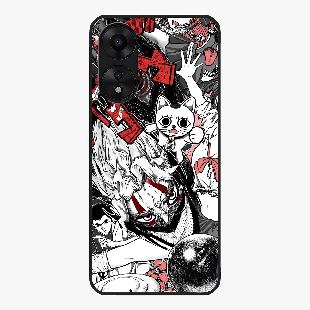 Crimson Chaos Panel Glass Case showing flat back view with bold crimson abstract artwork and glossy glass finish.