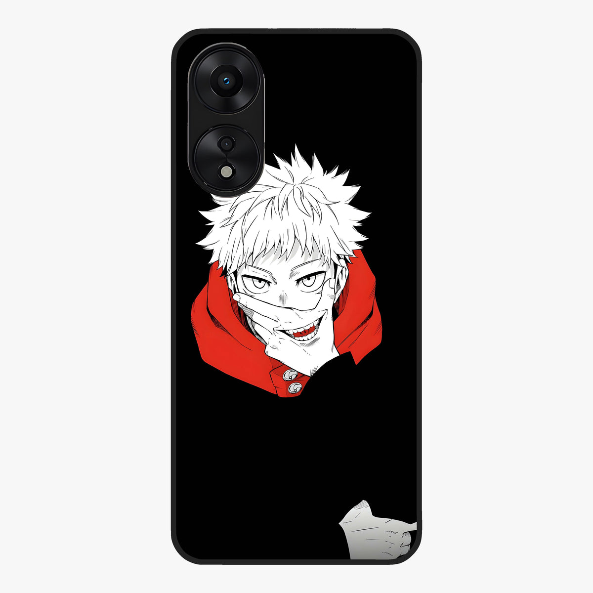 Crimson Chaos Smile Glass Case showing flat back view with bold chaotic smile artwork and glossy glass finish.