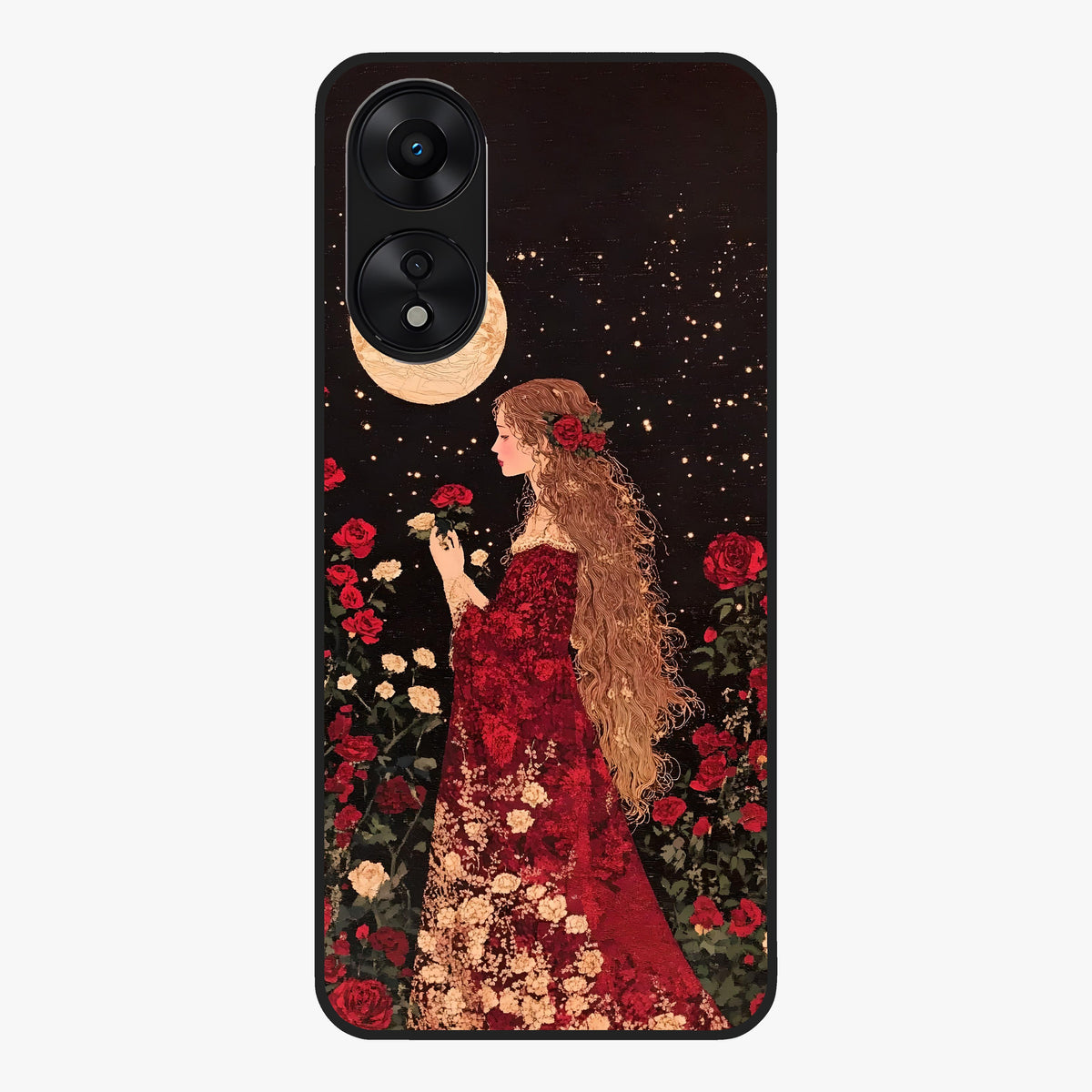 Crimson Dreams Glass Case showing flat back view with dreamy crimson artwork and glossy glass finish.