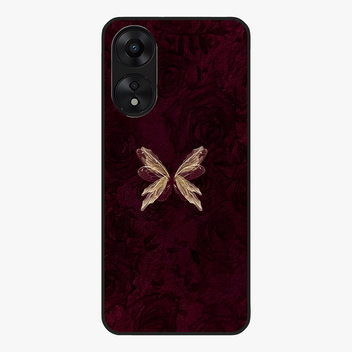 Crimson Fade Butterfly Glass Case showing flat back view with fading butterfly artwork and glossy glass finish.