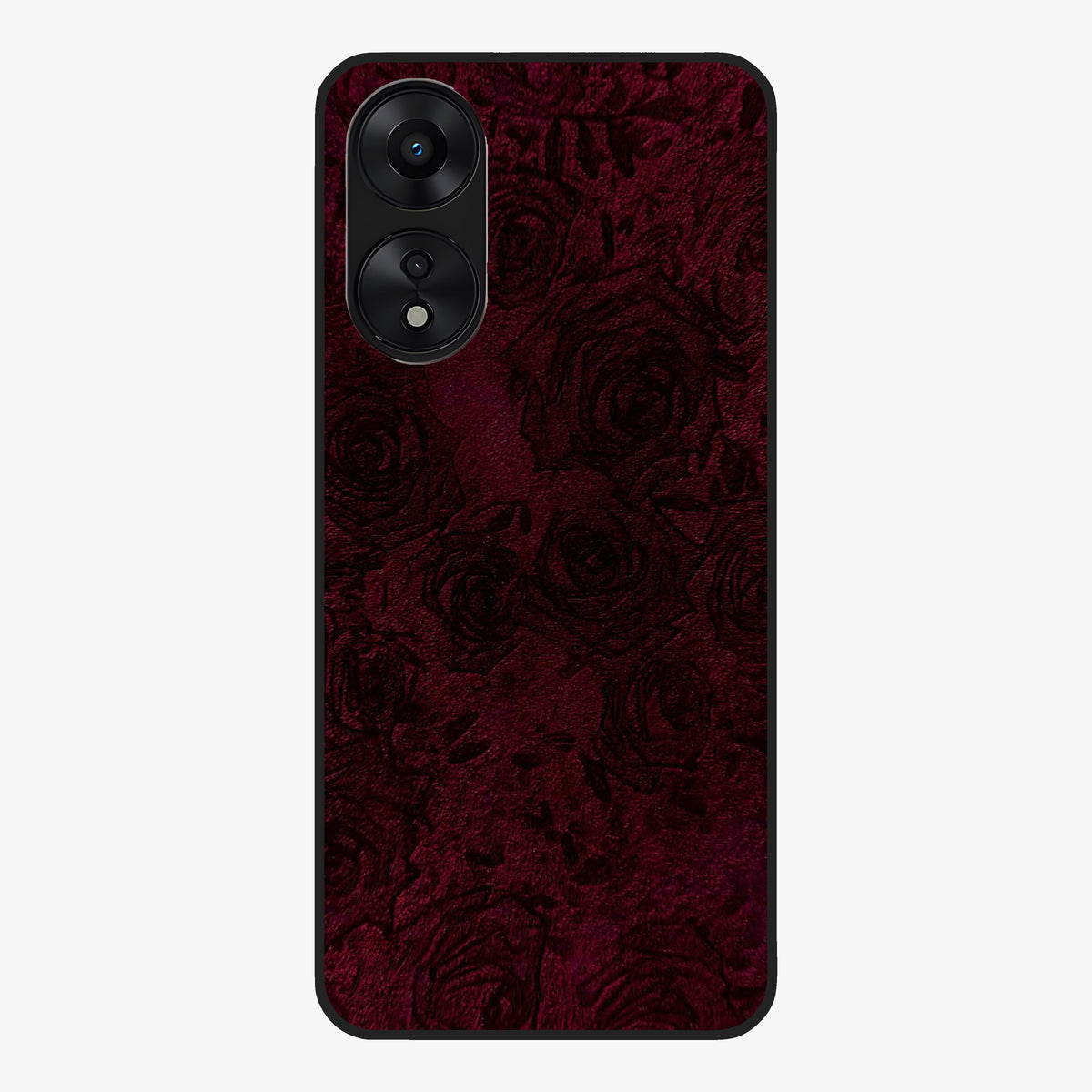 Crimson Fade Flow Glass Case showing flat back view with flowing crimson gradient artwork and glossy glass finish.