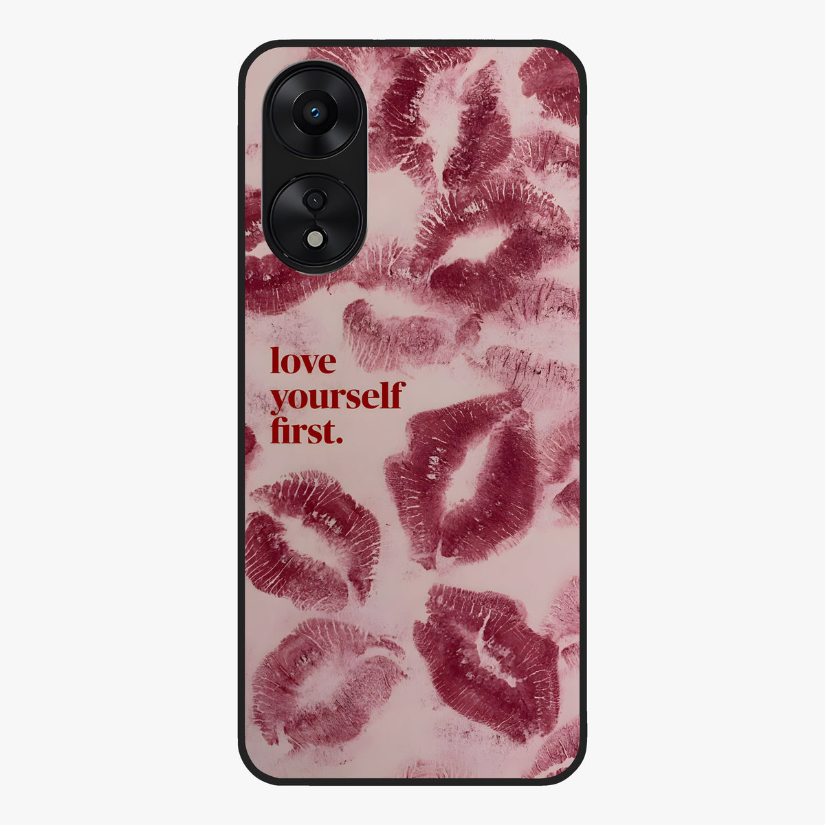 Crimson Kiss Love Glass Case showing flat back view with romantic crimson themed artwork and glossy glass finish.