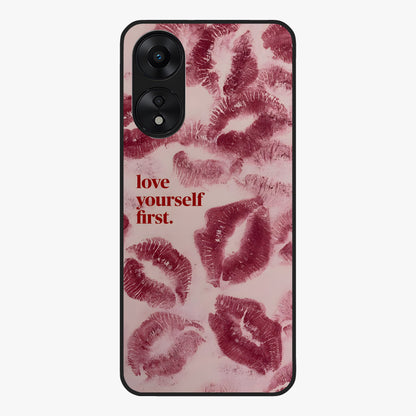 Crimson Kiss Love Glass Case showing flat back view with romantic crimson themed artwork and glossy glass finish.