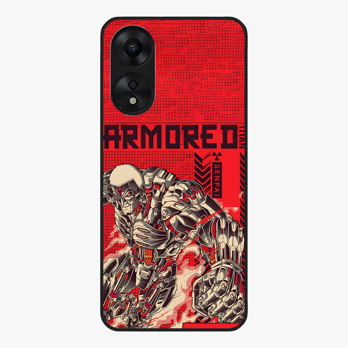 Crimson Mecha Titan Glass Case showing flat back view with powerful mech titan artwork and glossy glass finish.