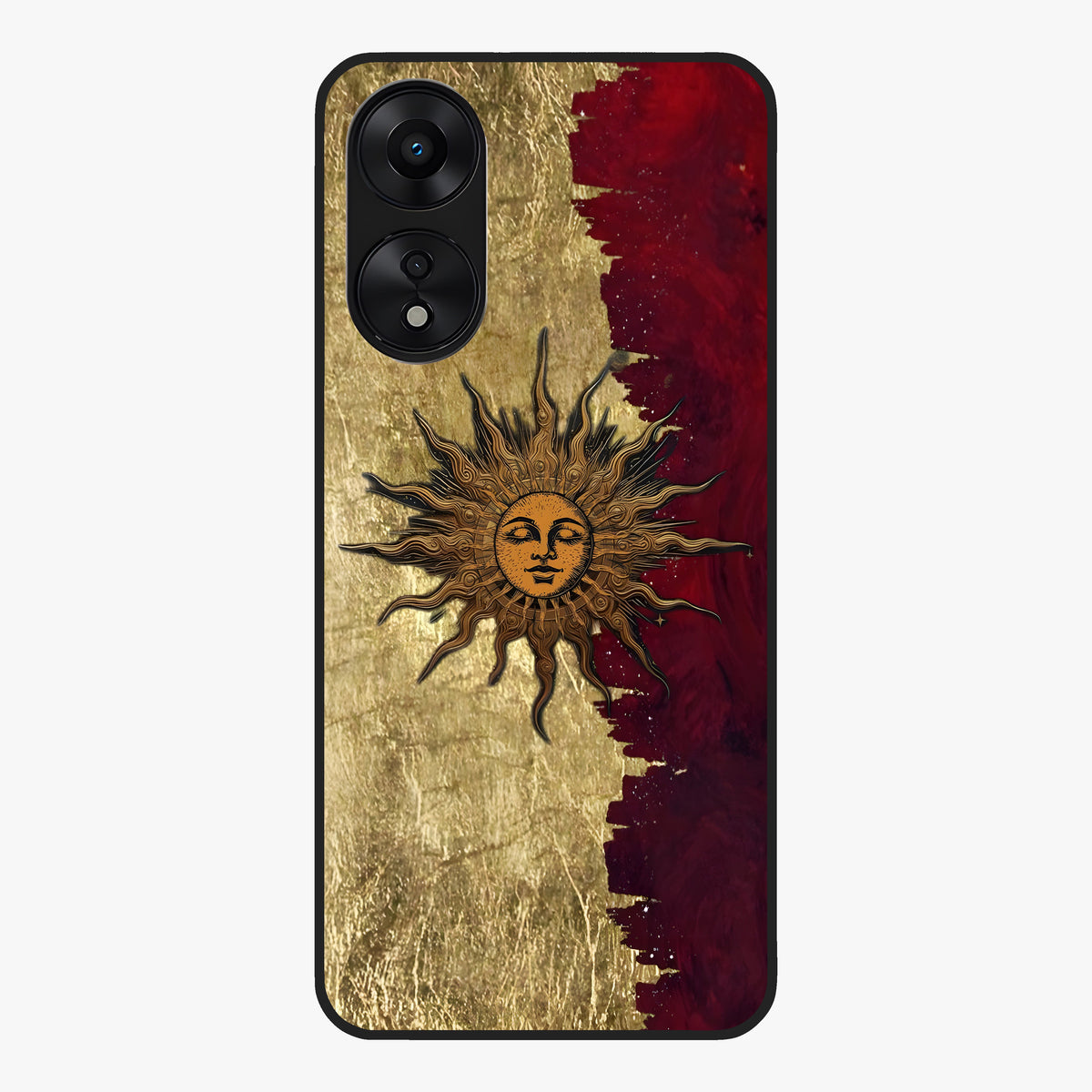 Crimson Sun Majesty Glass Case showing flat back view with radiant sun inspired artwork and glossy glass finish.