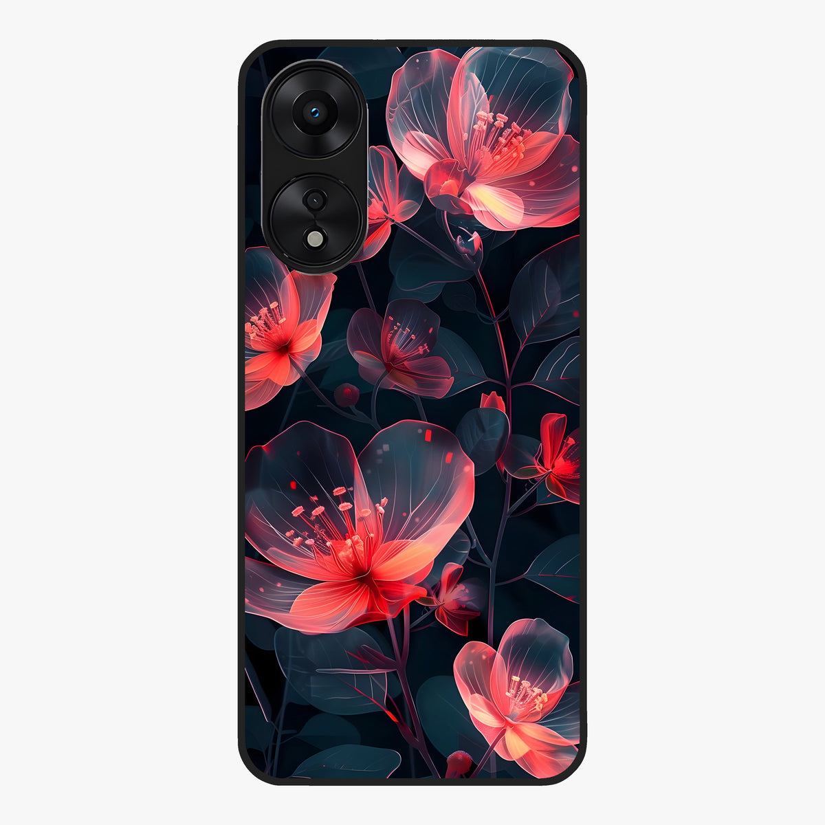 Dark Shade of Flower Glass Case showing flat back view with elegant dark floral artwork and glossy glass finish.