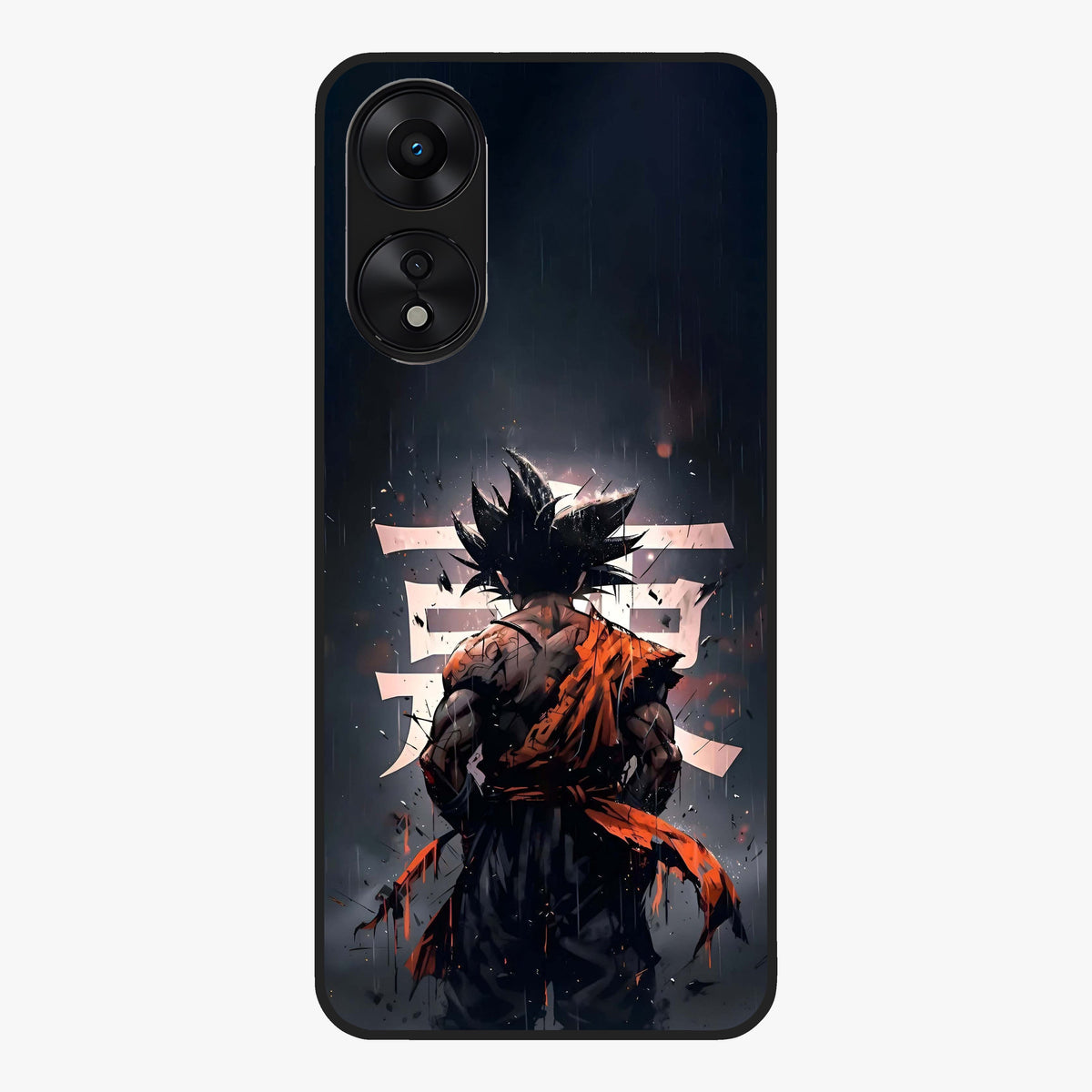 Dark Warrior In Rain Glass Case showing flat back view with warrior artwork in rainy atmosphere and glossy glass finish.