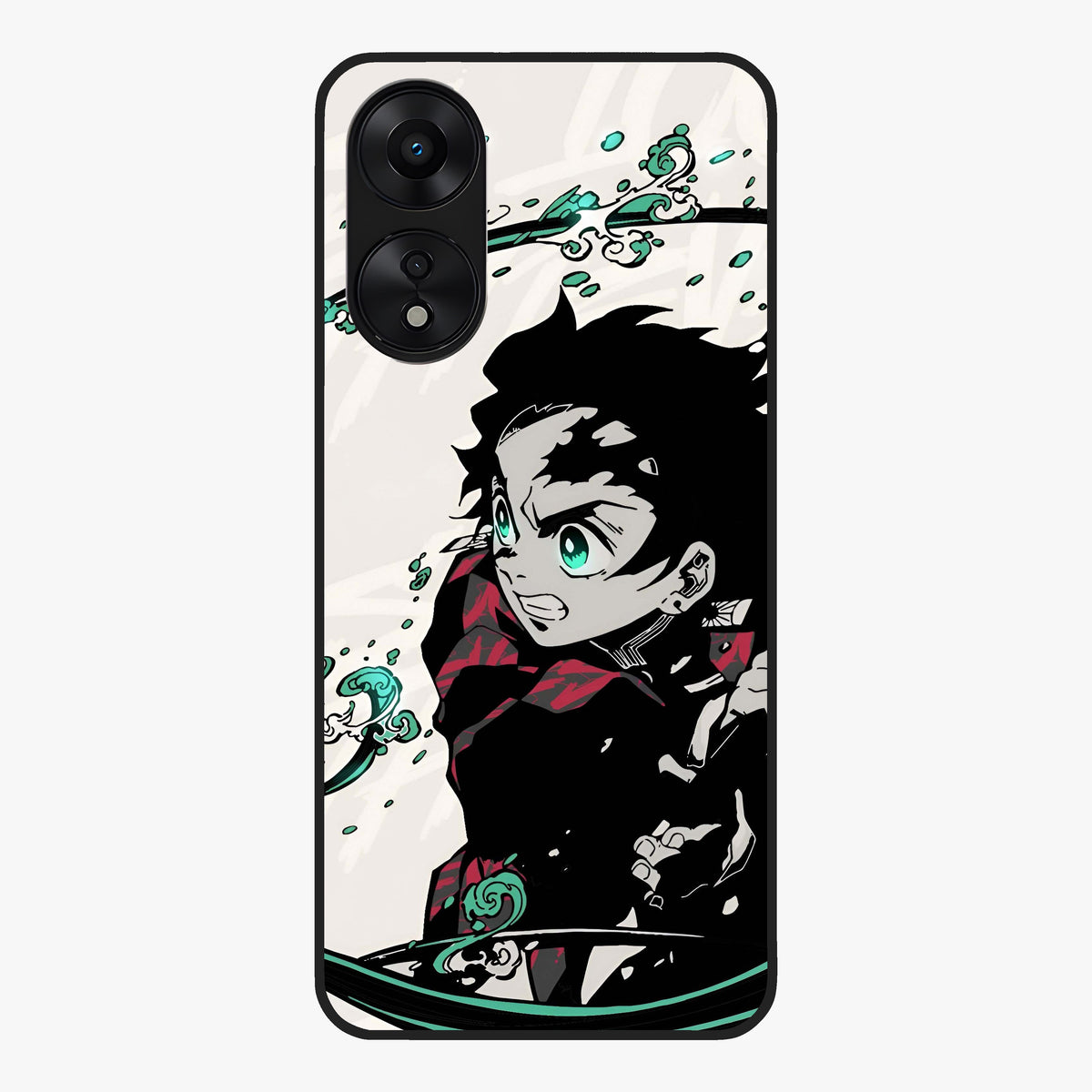 Demon Slayer Glass Case showing flat back view with bold anime inspired artwork and glossy glass finish.