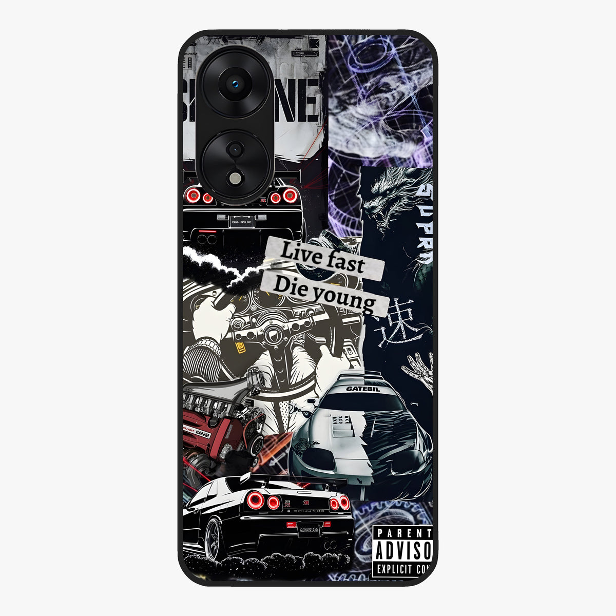 Die Young Glass Case showing flat back view with bold artistic typography design and glossy glass finish.