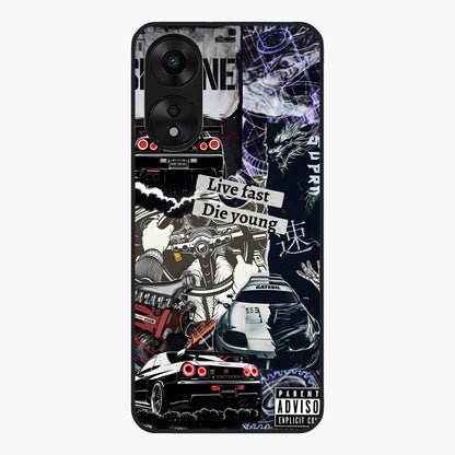 Die Young Glass Case showing flat back view with bold artistic typography design and glossy glass finish.