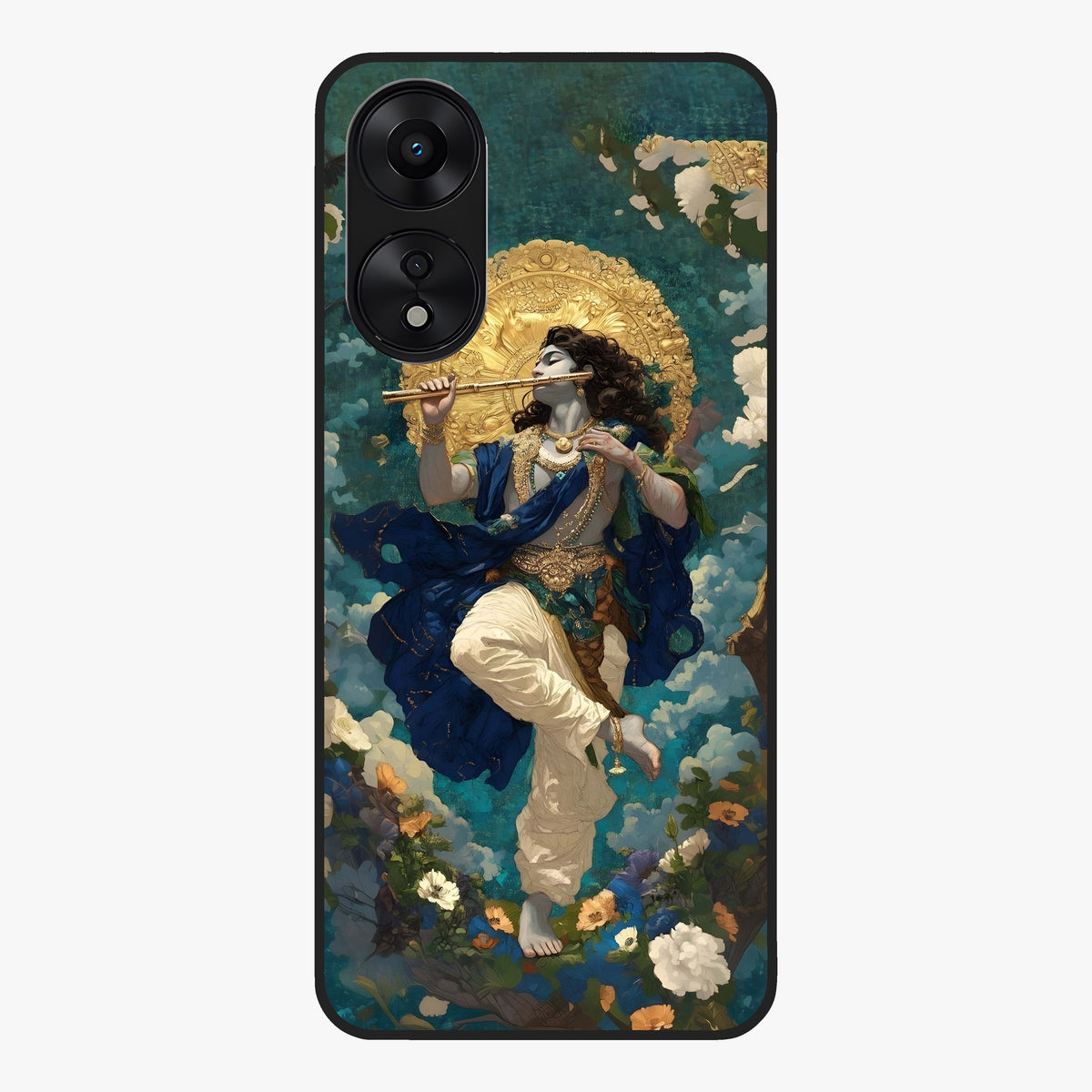 Divine Krishna Art Glass Case showing flat back view with Lord Krishna artwork and glossy glass finish.