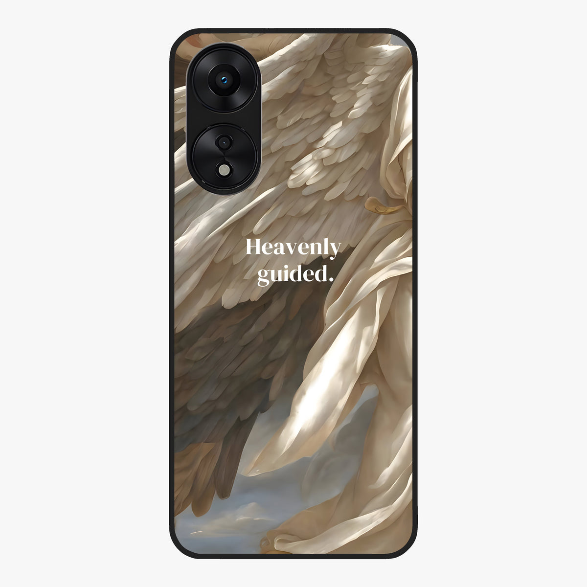 Divine Winged Grace Glass Case showing flat back view with elegant wing inspired artwork and glossy glass finish.