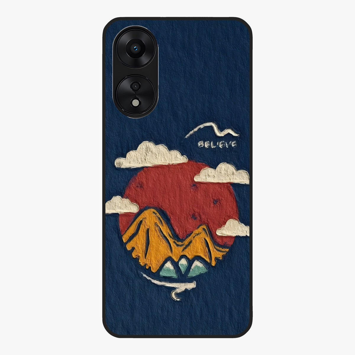 Dream Beyond Mountains Glass Case showing flat back view with scenic mountain landscape artwork and glossy glass finish.