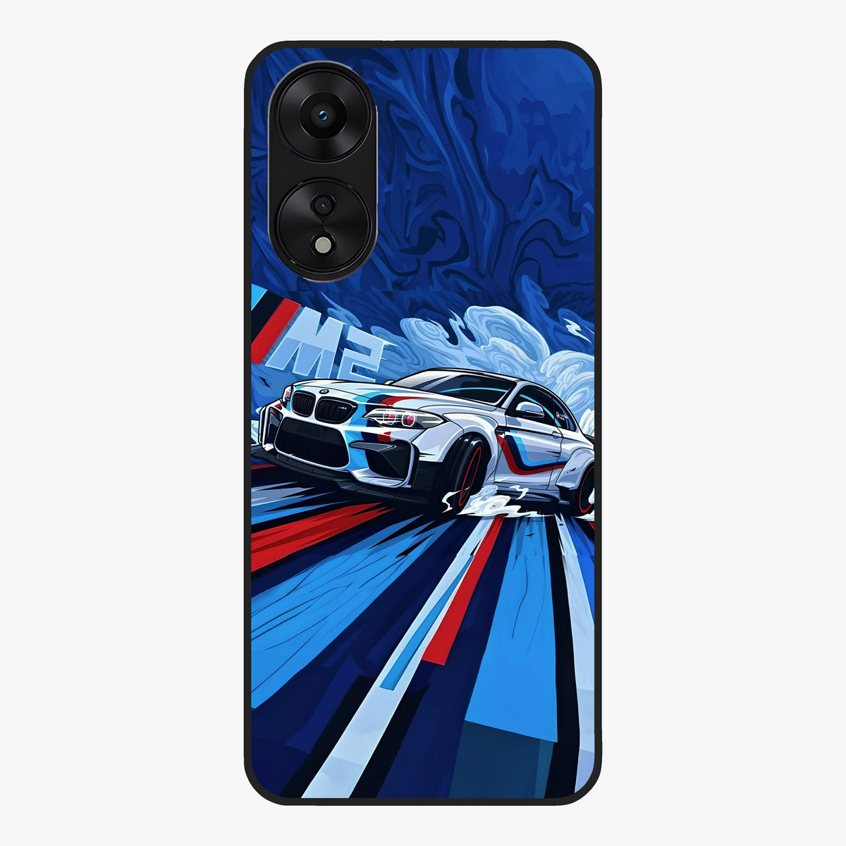 Drift Power Rush Glass Case showing flat back view with dynamic racing inspired artwork and glossy glass finish.