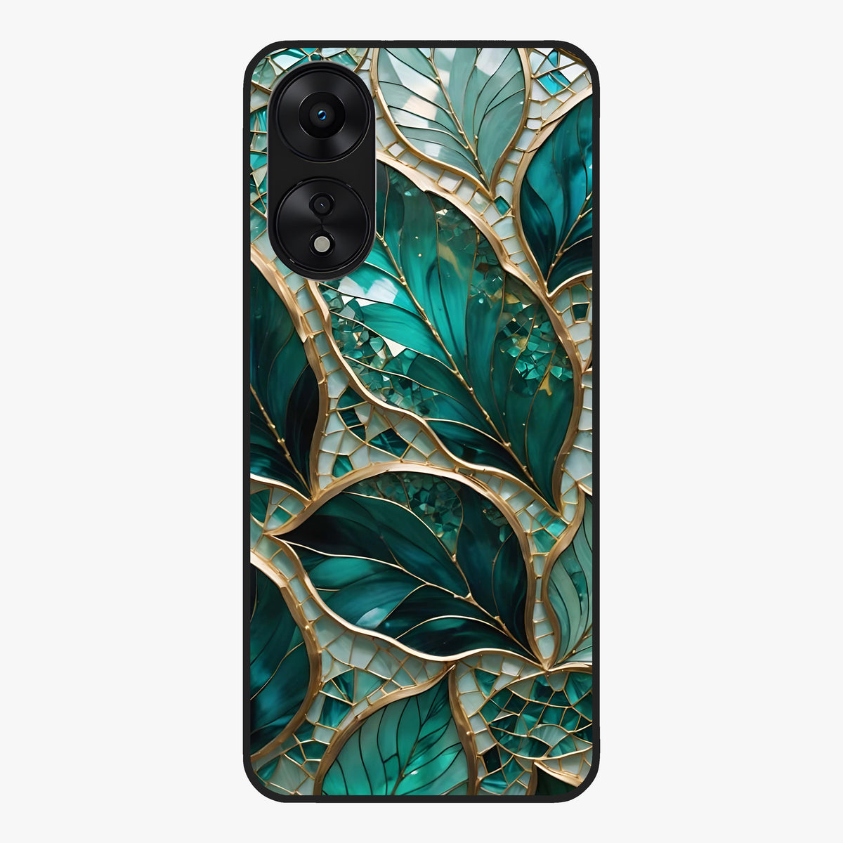Emerald Leaf Glass Glass Case showing flat back view with emerald green leaf artwork and glossy glass finish.