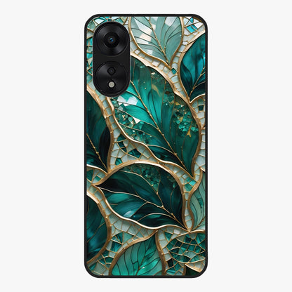 Emerald Leaf Glass Glass Case showing flat back view with emerald green leaf artwork and glossy glass finish.